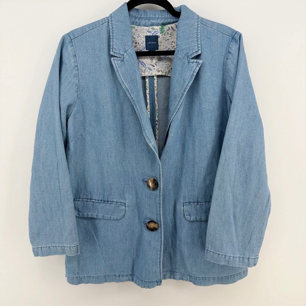 J Jill Denim Petite Small‎ Chambray Blazer Jacket Soft Linen Cotton Blue